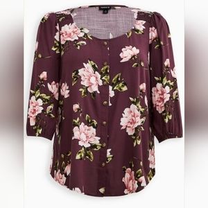 NWT Torrid Floral Purple Button-Front Puff Sleeve Top